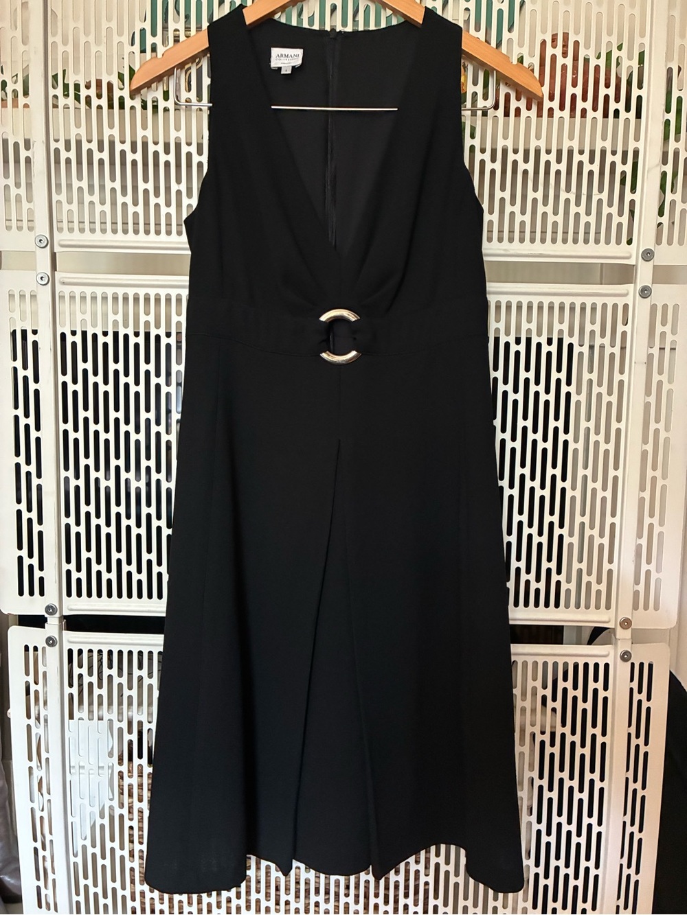 Armani Collezioni Black Sleeveless Midi Dress with Silver Ring Accent